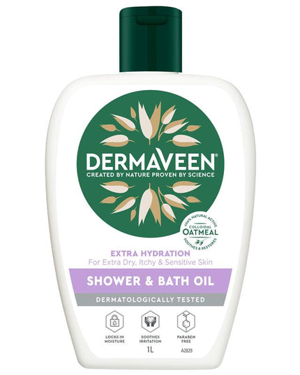 DermaVeen Extra Hydration Shower & Bath Oil for Extra Dry, Itchy & Sensitive Skin 1L