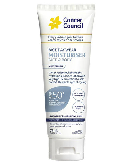 Cancer Council SPF 50+ Day Wear Face Matte Invisible 4hr Water Resistant 75ml Tube