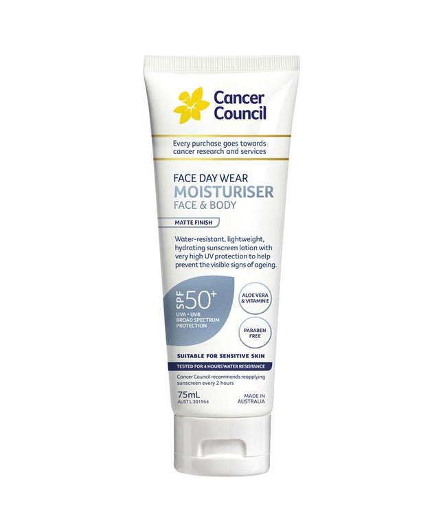 Cancer Council SPF 50+ Day Wear Face Matte Invisible 4hr Water Resistant 75ml Tube