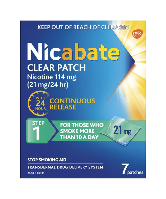 Nicabate Clear Patch Quit Smoking Step 1 21mg 7 Patches