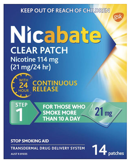 Nicabate Clear Patch Quit Smoking Step 1 21mg 14 Patches (Value Pack)