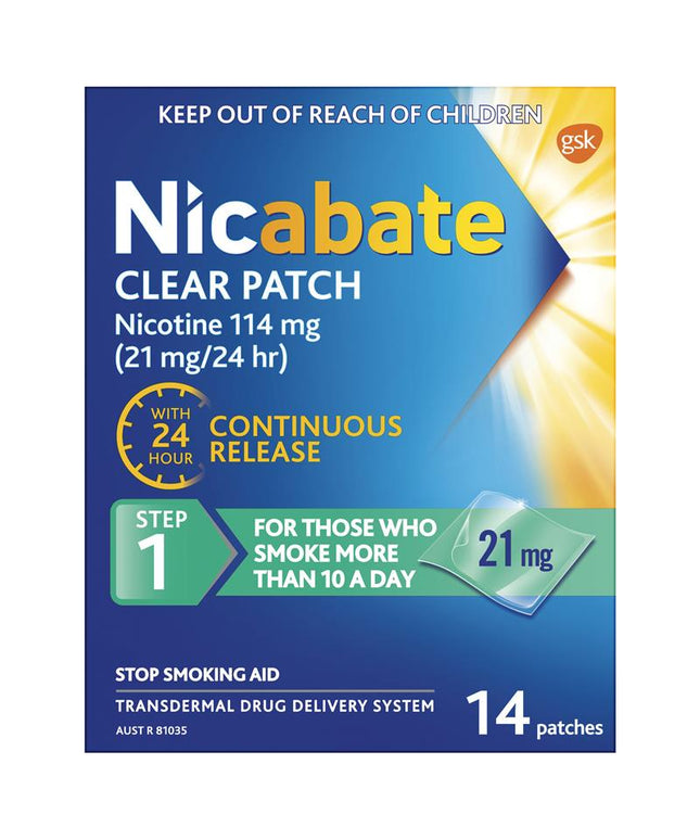 Nicabate Clear Patch Quit Smoking Step 1 21mg 14 Patches (Value Pack)