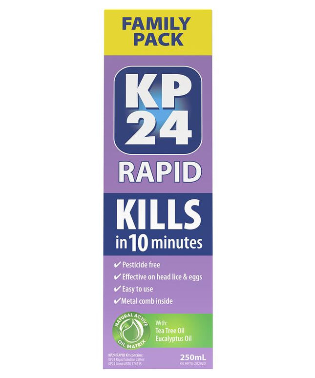 KP24 Rapid 10 Minute Head Lice/Nit Solution 250ml with Comb Family Pack