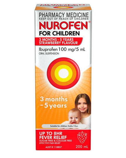 Nurofen For Children 3 months - 5 years Pain and Fever Relief 100mg/5mL Ibuprofen Strawberry 200mL