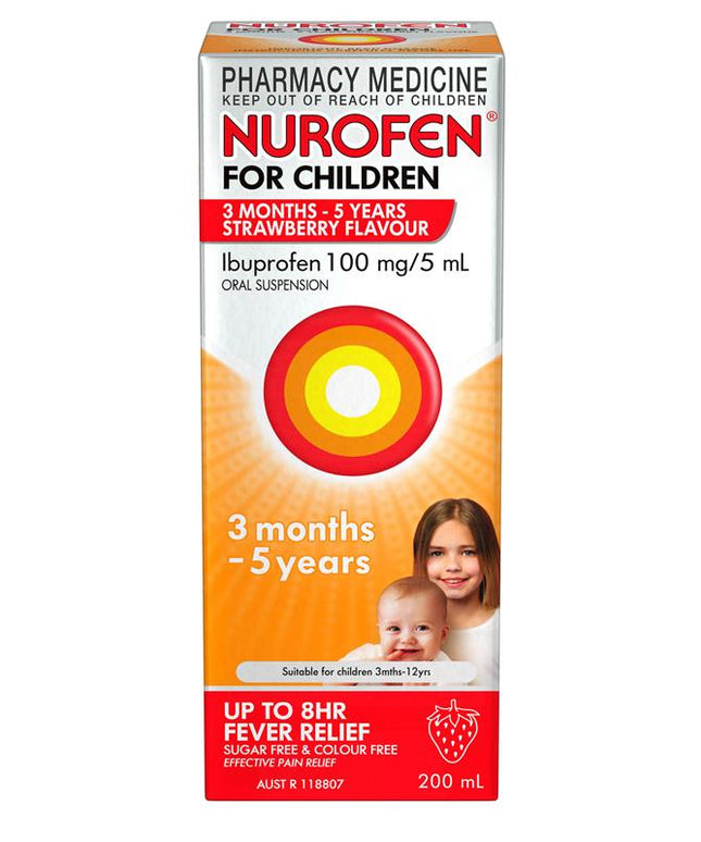 Nurofen For Children 3 months - 5 years Pain and Fever Relief 100mg/5mL Ibuprofen Strawberry 200mL