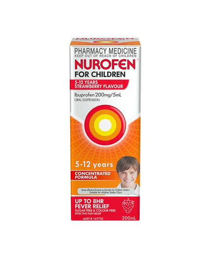 Nurofen For Children 5-12yrs Pain and Fever Relief Concentrated Liquid 200mg/5mL Ibuprofen Strawberry 200mL