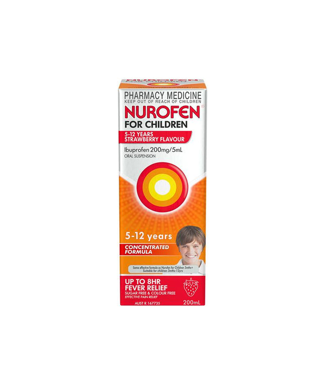 Nurofen For Children 5-12yrs Pain and Fever Relief Concentrated Liquid 200mg/5mL Ibuprofen Strawberry 200mL