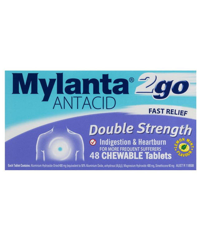 Mylanta 2Go Antacid Double Strength Tablets Lemon Mint 48 Pack