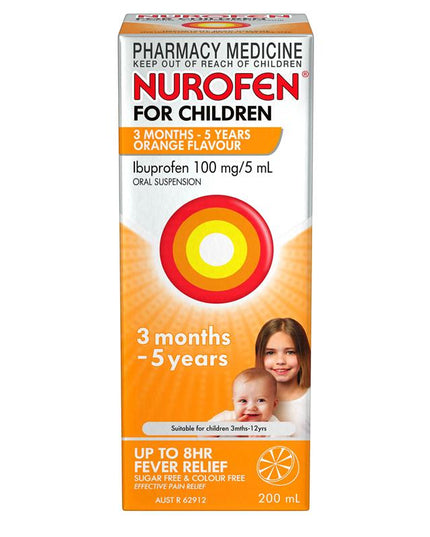 Nurofen For Children 3 months - 5 years Pain and Fever Relief 100mg/5mL Ibuprofen Orange 200mL