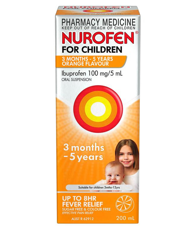 Nurofen For Children 3 months - 5 years Pain and Fever Relief 100mg/5mL Ibuprofen Orange 200mL