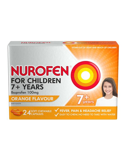 Nurofen For Children 7+ Pain and Fever Relief Chewable Capsules 100mg Ibuprofen Orange 24 pack