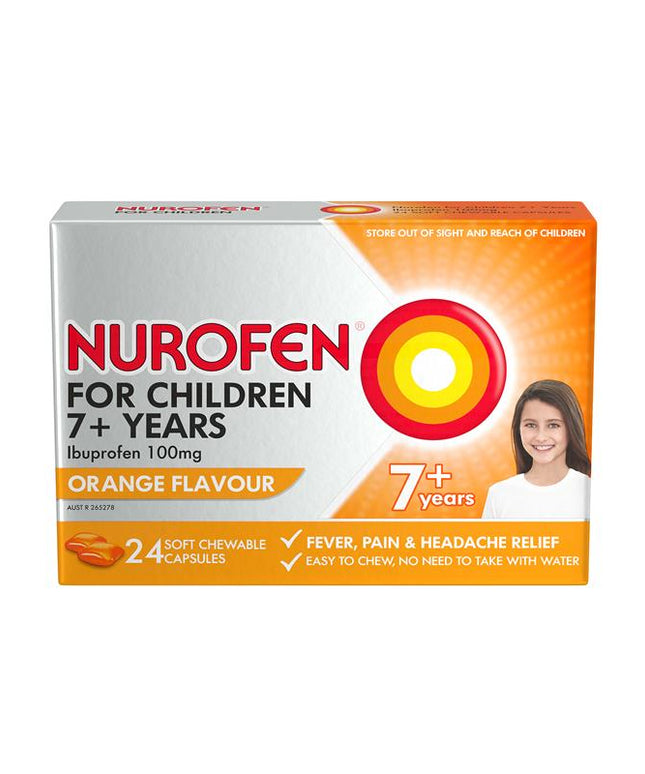 Nurofen For Children 7+ Pain and Fever Relief Chewable Capsules 100mg Ibuprofen Orange 24 pack