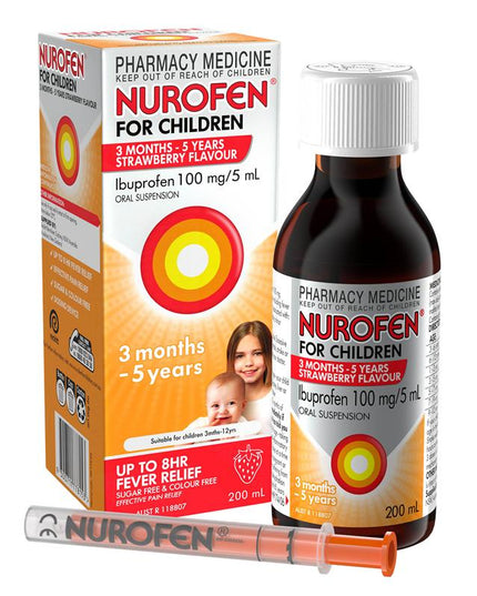 Nurofen For Children 3 months - 5 years Pain and Fever Relief 100mg/5mL Ibuprofen Strawberry 200mL