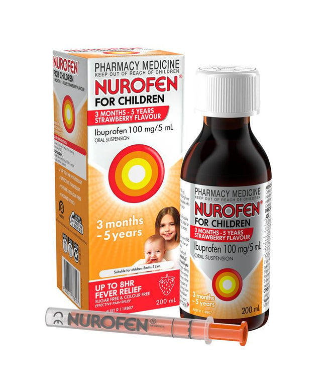 Nurofen For Children 3 months - 5 years Pain and Fever Relief 100mg/5mL Ibuprofen Strawberry 200mL