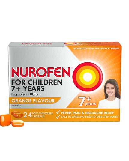Nurofen For Children 7+ Pain and Fever Relief Chewable Capsules 100mg Ibuprofen Orange 24 pack