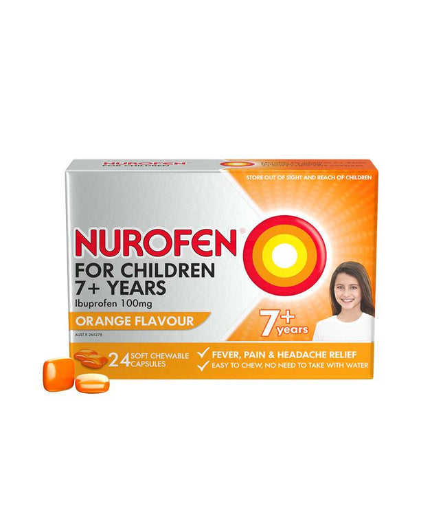 Nurofen For Children 7+ Pain and Fever Relief Chewable Capsules 100mg Ibuprofen Orange 24 pack