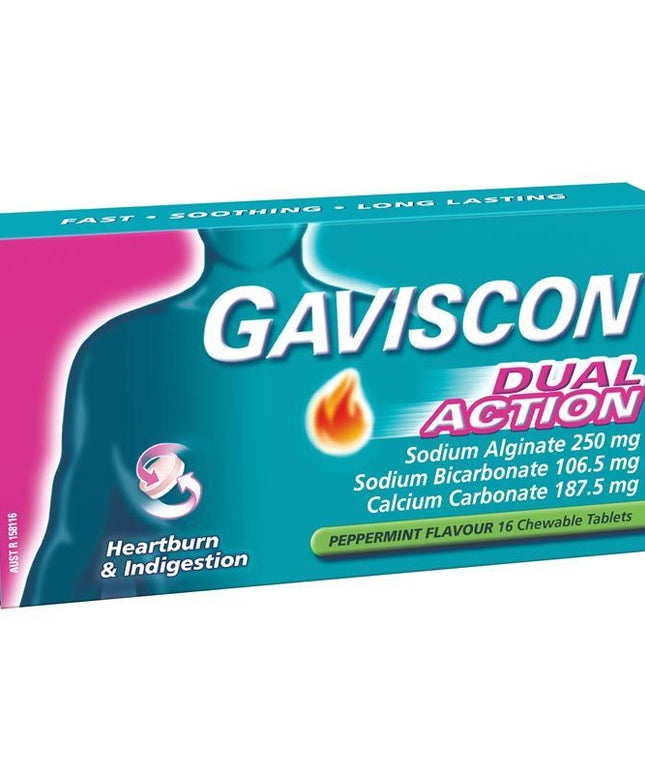 Gaviscon Dual Action Chewable Tablets Peppermint Heartburn & Indigestion Relief 16 Pack