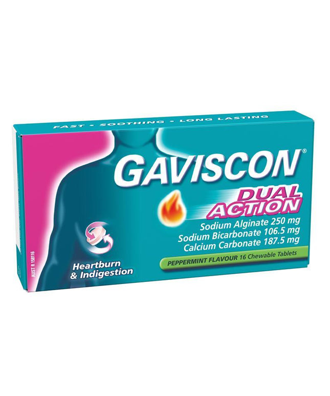 Gaviscon Dual Action Chewable Tablets Peppermint Heartburn & Indigestion Relief 16 Pack