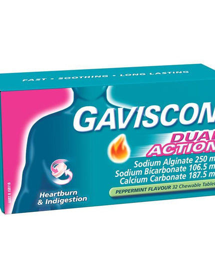 Gaviscon Dual Action Chewable Tablets Peppermint Heartburn & Indigestion Relief 32 Pack