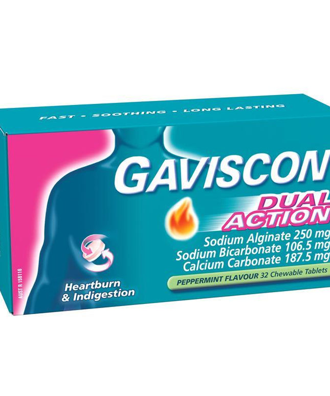 Gaviscon Dual Action Chewable Tablets Peppermint Heartburn & Indigestion Relief 32 Pack