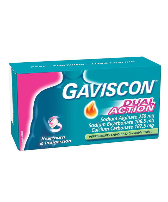 Gaviscon Dual Action Chewable Tablets Peppermint Heartburn & Indigestion Relief 32 Pack
