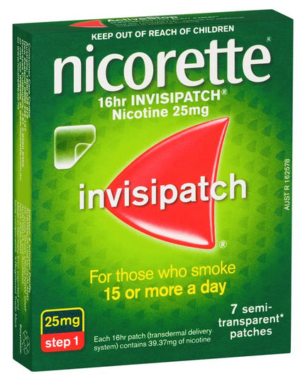 Nicorette Quit Smoking Nicotine 16 hour Invisipatch Step 1 25mg 7 Pack