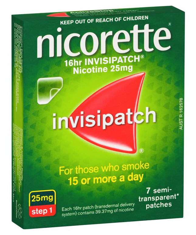 Nicorette Quit Smoking Nicotine 16 hour Invisipatch Step 1 25mg 7 Pack