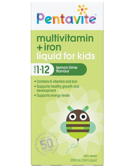 Pentavite Multivitamin + Iron Kids Liquid Lemon Lime 200ml NEW