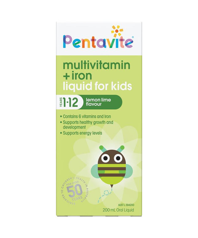 Pentavite Multivitamin + Iron Kids Liquid Lemon Lime 200ml NEW