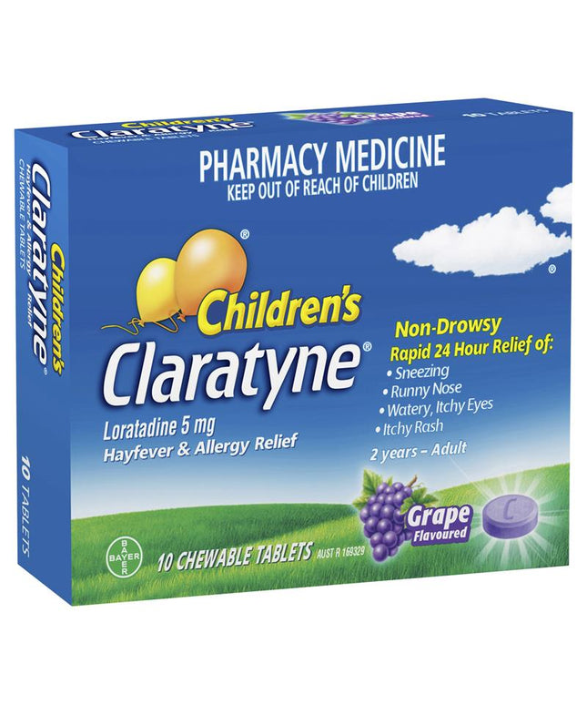 Children's Claratyne Allergy & Hayfever Relief Antihistamine For Kids Grape Flavoured Chewable Tablets 10 pack