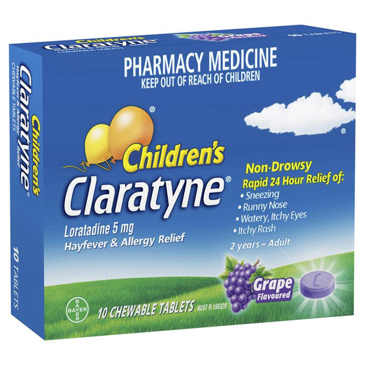 Children's Claratyne Allergy & Hayfever Relief Antihistamine For Kids Grape Flavoured Chewable Tablets 10 pack