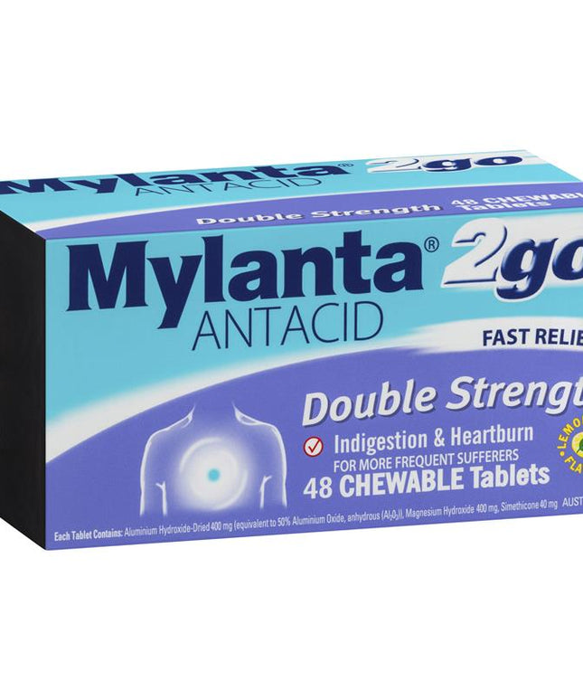 Mylanta 2Go Antacid Double Strength Tablets Lemon Mint 48 Pack