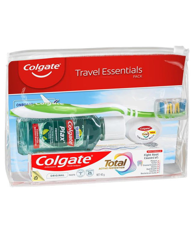 Colgate Travel Essentials Toothbrush, Toothpaste, Mouthwash, Floss & travel bag Pack