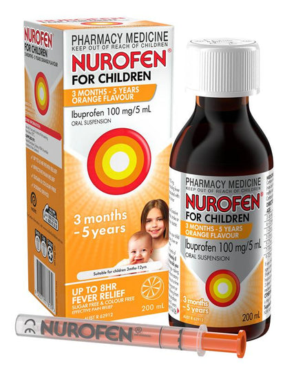 Nurofen For Children 3 months - 5 years Pain and Fever Relief 100mg/5mL Ibuprofen Orange 200mL
