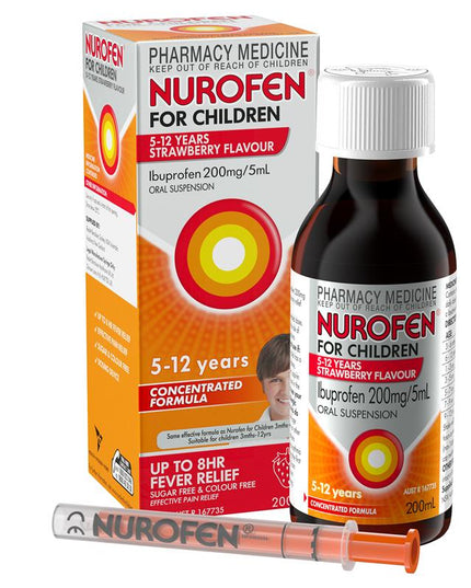 Nurofen For Children 5-12yrs Pain and Fever Relief Concentrated Liquid 200mg/5mL Ibuprofen Strawberry 200mL