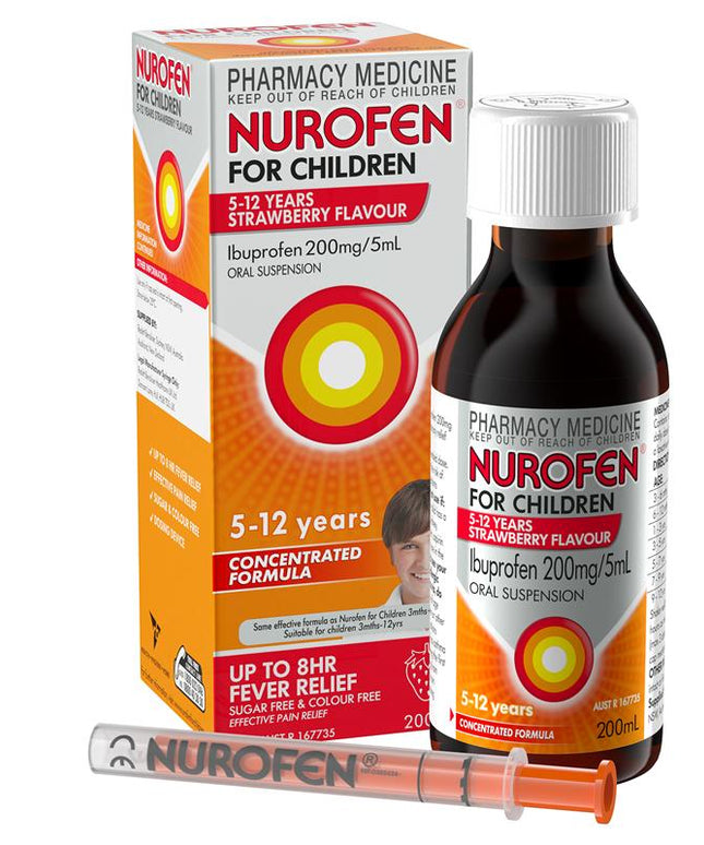 Nurofen For Children 5-12yrs Pain and Fever Relief Concentrated Liquid 200mg/5mL Ibuprofen Strawberry 200mL