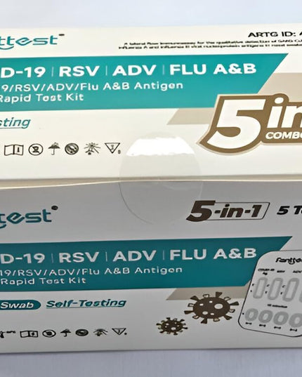 Fanttest 5-in-1 Combo RAT Test - ADV Virus - RSV - Influenza Flu A/B - COVID-19 Rapid Antigen Test Kit - Nasal Swab (5 pack)