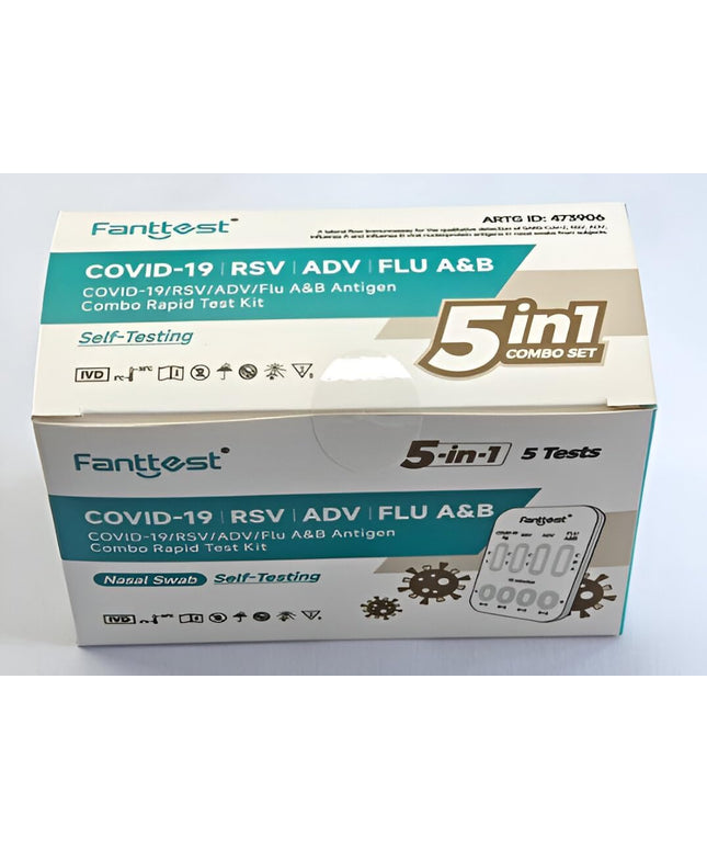 Fanttest 5-in-1 Combo RAT Test - ADV Virus - RSV - Influenza Flu A/B - COVID-19 Rapid Antigen Test Kit - Nasal Swab (5 pack)