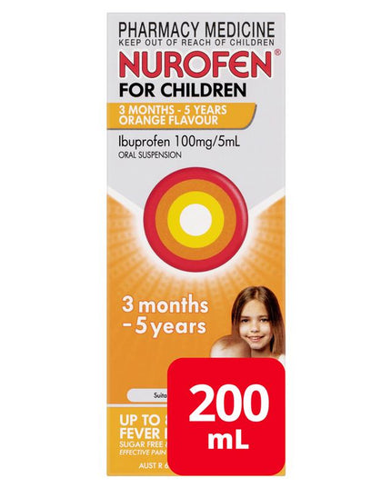 Nurofen For Children 3 months - 5 years Pain and Fever Relief 100mg/5mL Ibuprofen Orange 200mL