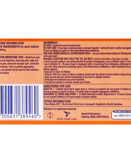 Solprin Pain and Fever Relief Dispersible Tablets 300mg Aspirin 96 Pack