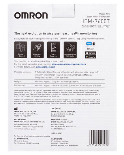 Omron Smart Elite HEM7600T Blood Pressure Monitor Bluetooth Tubeless