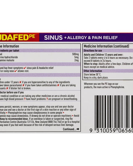 Sudafed PE Sinus + Allergy & Pain Relief Tablets 24 Pack