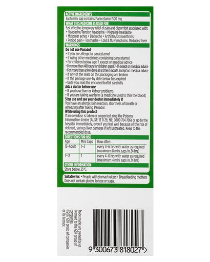 Panadol Mini Caps for Pain Relief Paracetamol 500mg 48