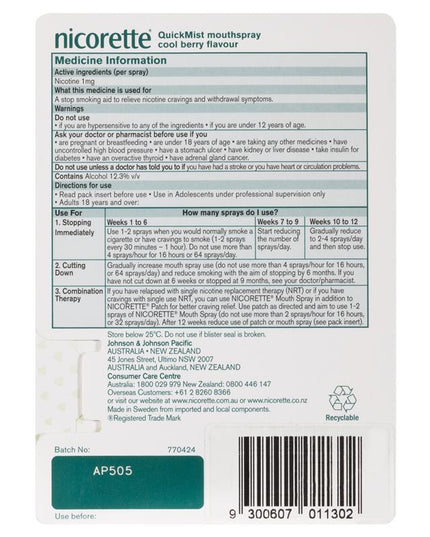 Nicorette Quit Smoking QuickMist Mouth Spray Cool Berry 150 Sprays (13.2mL x 1)
