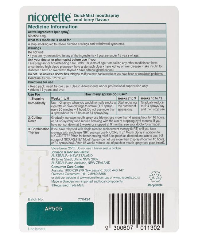 Nicorette Quit Smoking QuickMist Mouth Spray Cool Berry 150 Sprays (13.2mL x 1)