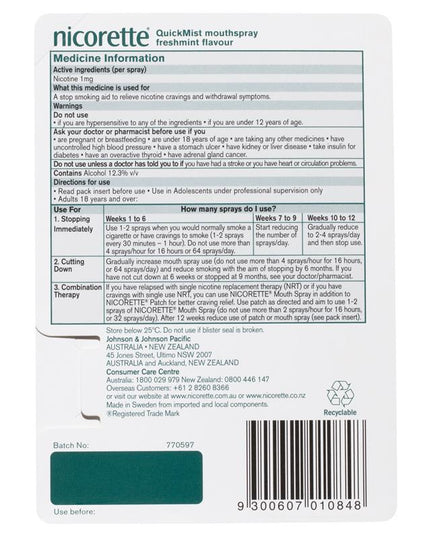 Nicorette Quit Smoking QuickMist Nicotine Mouth Spray Freshmint 150 Pack