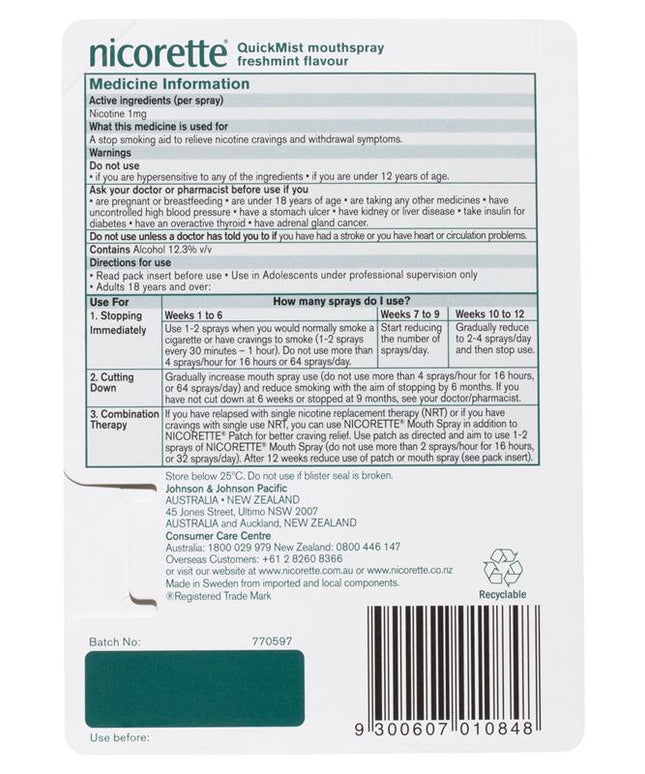 Nicorette Quit Smoking QuickMist Nicotine Mouth Spray Freshmint 150 Pack