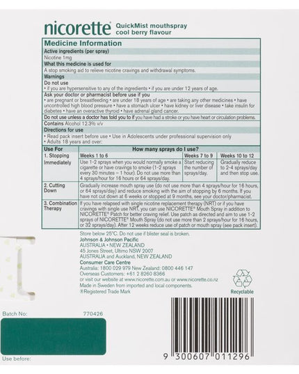 Nicorette Quit Smoking QuickMist Nicotine Mouth Spray Cool Berry 2 x 150 Sprays