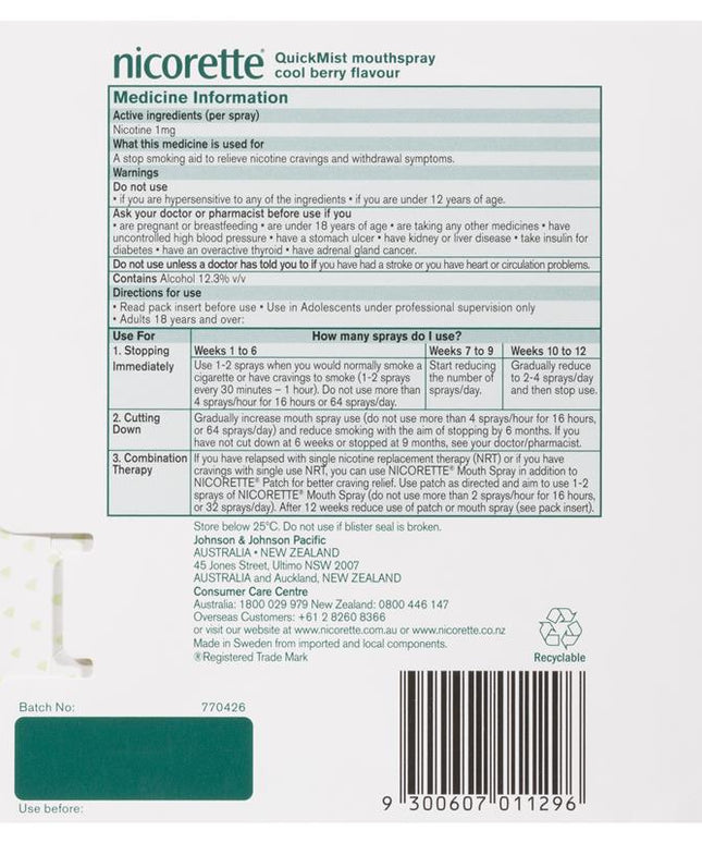 Nicorette Quit Smoking QuickMist Nicotine Mouth Spray Cool Berry 2 x 150 Sprays