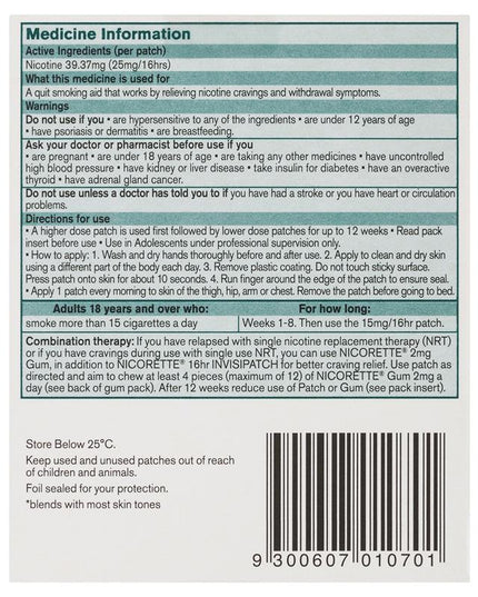 Nicorette Quit Smoking Nicotine 16 hour Invisipatch Step 1 25mg 7 Pack